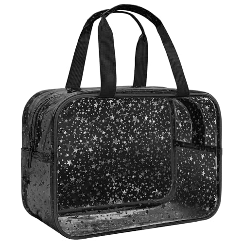 Clear Black Star Large Makeup Bag with Star Pattern 12x5x8 inch, Travel Cosmetic Bag with Handle, Durable PVC Material Washbag Zipper Opening Design for Makeup Travel Organizer or Gym Use - color: Black, style: Star