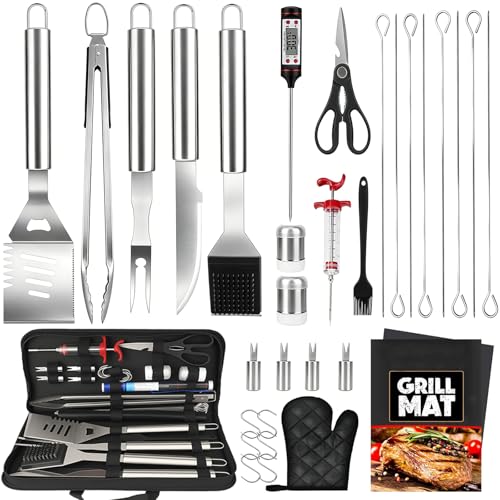 32PCS Stainless Steel BBQ Grill Accessories Set, Grilling Gifts for Men Birthday Father's Day, Portable Multifunction Grilling Utensils Tools Kit with Storage Bag for Outdoor Grill Camping BBQ Party - color: 32PCS- Complete