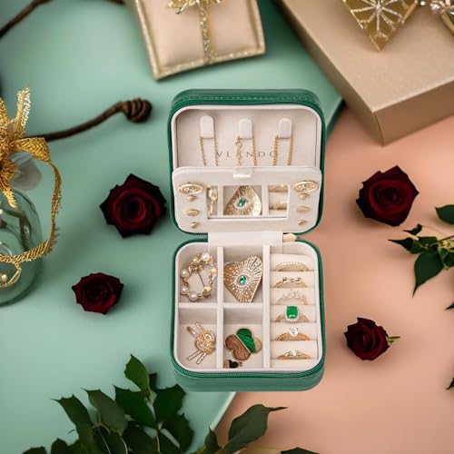 VLANDO Small Travel Jewelry Box Organizer - Mirrored Jewelries Necklaces Rings Earrings Necklace Storage Case, Dark Green - color: a. Dark Green