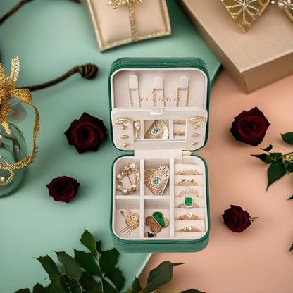 VLANDO Small Travel Jewelry Box Organizer - Mirrored Jewelries Necklaces Rings Earrings Necklace Storage Case, Dark Green - color: a. Dark Green