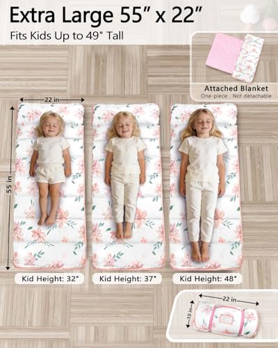 Primlect Thickened Toddler Nap Mat with Removable Pillow and Minky Blanket, Extra Large 55''x35'' Sleeping Bag, Washable, Roll up, Perfect for Daycare, Preschool, Kindergarten, Boys and Girls Flowers - color: Pink Flower Upgraded