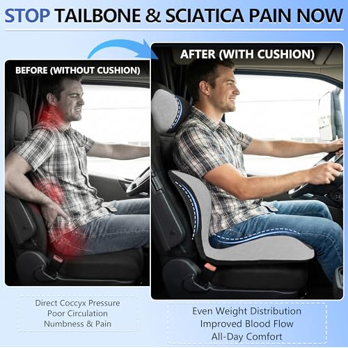 Truck Driver Seat Cushion Set - Memory Foam for Lower Back & Sciatica Pain Relief - Ergonomic Headrest Neck Pillow for Semi Truck & Car Dark Gray