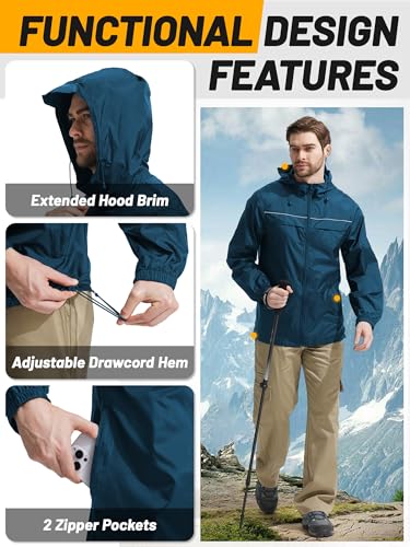 SWISSWELL Mens Rain Jacket & Coats Packable Lightweight Waterproof Windbreaker Hooded for Golf Cycling Hiking - color: Lake Blue+packable, size: Large