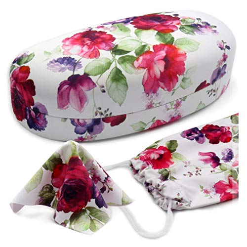 MyEyeglassCase Hard Sunglasses case - Women Glasses Case Holder - Large Durable Eyeglass Case Hard Shell with Pouch & Cloth - color: Floral Cranberry Rose