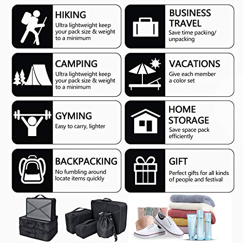 Packing Cubes 8 Sets/7 Colors Travel Luggage Organizers Include Waterproof Shoe Storage Bag Convenient Packing Pouches for Traveller (Black)