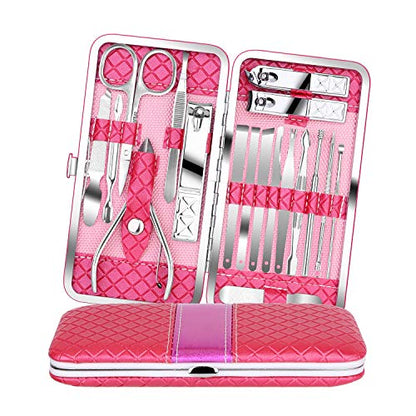 Teamkio 18pcs Manicure Set Pedicure Nail Clippers Set Travel Hygiene Kit Stainless Steel Professional Cutter Care Set Scissor Tweezer Knife Ear Pick Tools Grooming Kits with Leather Case - color: Pink