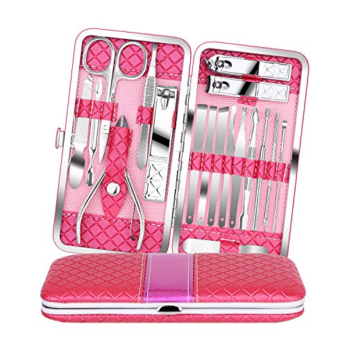 Teamkio 18pcs Manicure Set Pedicure Nail Clippers Set Travel Hygiene Kit Stainless Steel Professional Cutter Care Set Scissor Tweezer Knife Ear Pick Tools Grooming Kits with Leather Case - color: Pink