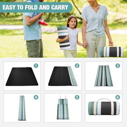 Picnic Blankets Outdoor Extra Large - 80"x80" Waterproof Beach Blanket, Machine Washable 3-Layer Foldable Park Mat with Sandproof Backing for Grass, Hiking, Travel, Concerts, Indoor (OliveStrip) - color: Olive Green