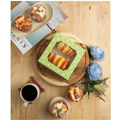 20 Pack Bakery Boxes with Window Small 6x6x2 inch for Cookie, Candy, Pastry, Brownie, Chiffon Cake, Tart, Pie, Waffle (Green-Polka Dot) - color: Green-Polka Dot