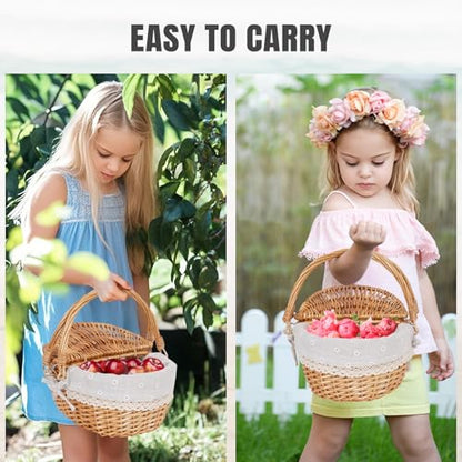 Happypicnic 12" Picnic Basket - Small Wicker Basket with Foldable Handle Lid & Removable Liner | Cute Picnic Basket Toy Empty for Kids, Gift, Halloween, Christmas, Valentines, Easter, Birthday, Flower - color: White Flower, size: Small