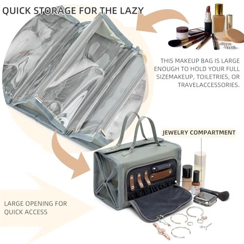 ROYALFAIR Roll Up Makeup Bag, Travel Toiletry Bag for Women with 4 Clear TSA Approved Pouches, Hanging Travel Organizer, Folding Cosmetic Bag for Men and Women (grey) - color: grey