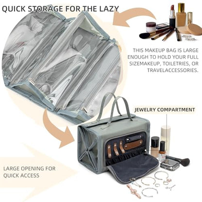 ROYALFAIR Roll Up Makeup Bag, Travel Toiletry Bag for Women with 4 Clear TSA Approved Pouches, Hanging Travel Organizer, Folding Cosmetic Bag for Men and Women (grey) - color: grey