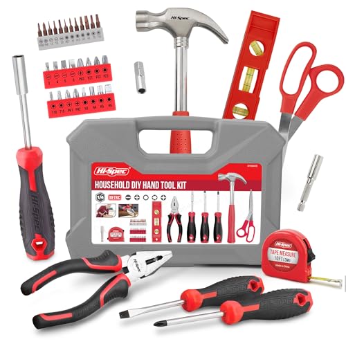 Hi-Spec Tool Set Kit, Red Household First Tool Kit and Starter Tool Set for Home and Office, Compact Easy Carry Toolbox - color: Red
