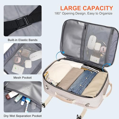 PIJUSHI Travel Backpack for Women Carry on Suitcase Backpack Flight Approved Personal Item Bag Fits 16 Inch Laptop(PE035 Beige) - color: Beige
