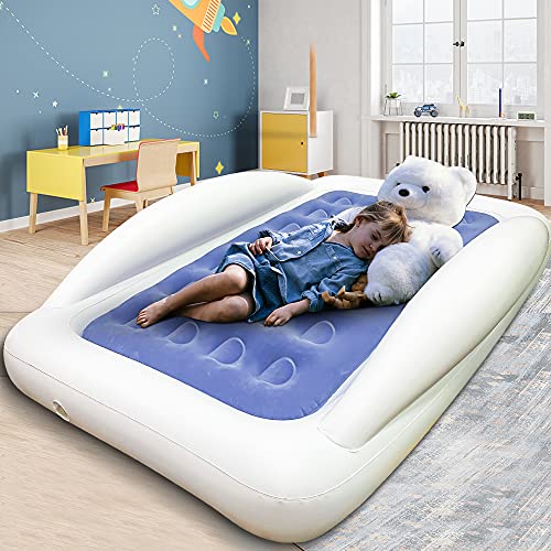 Inflatable Kids Travel Bed Toddler Air Mattress Set,Portable Blow Up Mattress Sleeping Bed Cot with Bed Rails and Electric Pump Ideal for Road Trip - color: Blue