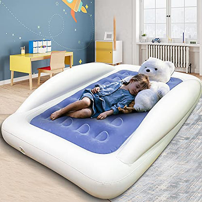 Inflatable Kids Travel Bed Toddler Air Mattress Set,Portable Blow Up Mattress Sleeping Bed Cot with Bed Rails and Electric Pump Ideal for Road Trip - color: Blue