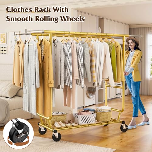 Raybee Clothes Rack Load 650LBS Heavy Duty Clothing Rack, Collapsible Clothes Racks for Hanging Clothes with Adjustable Height & Double Rods, Commercial Garment Rack with Wheels, Easy Assembly, Gold - color: Gold