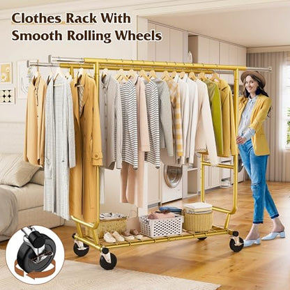 Raybee Clothes Rack Load 650LBS Heavy Duty Clothing Rack, Collapsible Clothes Racks for Hanging Clothes with Adjustable Height & Double Rods, Commercial Garment Rack with Wheels, Easy Assembly, Gold - color: Gold