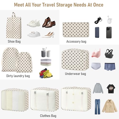 Packing Cubes for Travel - 8 Set Luggage Organizer Bags for Family, Mesh Breathable Packing Cubes for Suitcases Durable Travel Essentials Bags Set - color: Black Spots