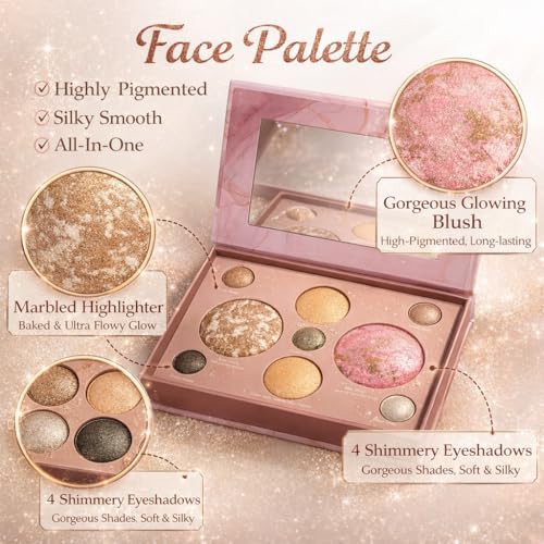 K'APEINE All-in-One Makeup Palette, 9 Colors Baked Face Kit Includes Eyeshadow, Blush, Highlighter & Bronzer | Waterproof Long-Wearing Party Cosmetics for Women - 03# - color: Rose Quartz Beach (9 Colors)
