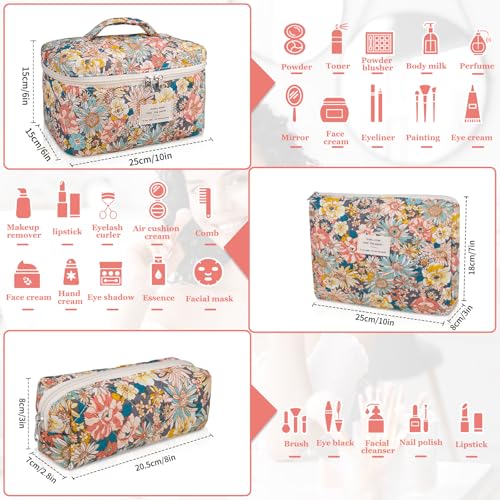 Gosect Makeup Bag Set, Quilted Makeup Bag, Large Floral Cosmetic Bag for Women, Cute Cotton Makeup Bags, Flower Travel Toiletry Organizer Bag (South Twigs Flower) - color: South Twigs Flower