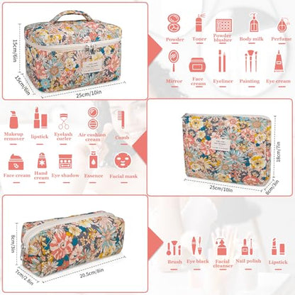 Gosect Makeup Bag Set, Quilted Makeup Bag, Large Floral Cosmetic Bag for Women, Cute Cotton Makeup Bags, Flower Travel Toiletry Organizer Bag (South Twigs Flower) - color: South Twigs Flower