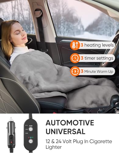 12V/24V Heated Car Blanket, Electric Blanket Flannel Heating Throw for Car, SUV, RV, Camping, 60" x 44", Hi/M/Lo Heating Settings, Auto-Off Timer,Grey - color: Grey