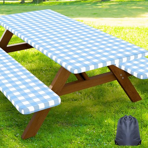 Smiry Picnic Table Cover with Bench Covers, Waterproof Elastic Fitted Tablecloths for 5 Foot Rectangle Tables, Washable Buffalo Plaid Tablecloth for Camping, Outdoor (Light Blue & White, 30"x60") - color: Light Blue and White, size: 30" x 60"
