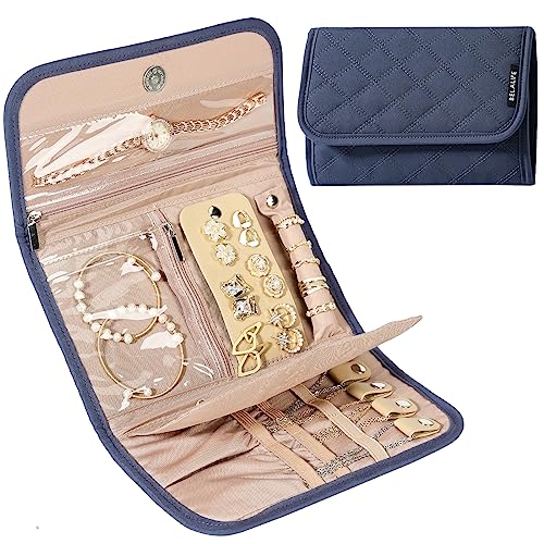 BELALIFE Travel Jewelry Case Organizer, Foldable Storage Roll for Earrings, Necklaces, Rings, Bracelets, Brooches, Blue-Gray - color: Blue-Gray, size: Medium