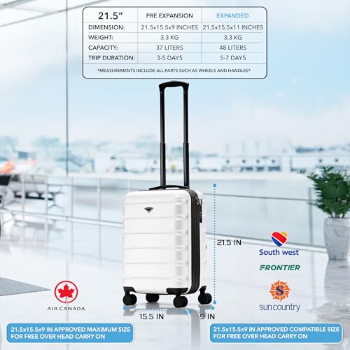 Flight Knight 21.5x15.5x9 Expandable Carry On Suitcase Hardside TSA Lock & USB C Port Lightweight Luggage Silent Double Spinner Wheels Maximum Canada Air Overhead Bag Airlines Approved White - color: White, size: 21.5x15.5x9"