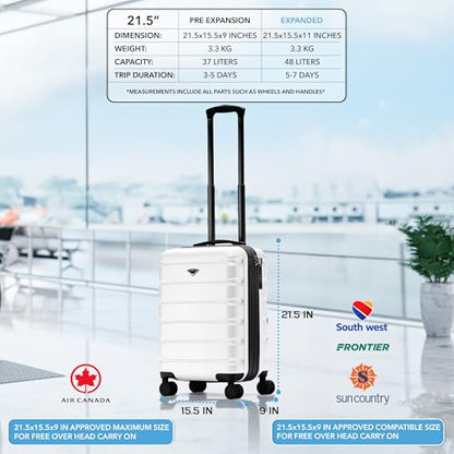 Flight Knight 21.5x15.5x9 Expandable Carry On Suitcase Hardside TSA Lock & USB C Port Lightweight Luggage Silent Double Spinner Wheels Maximum Canada Air Overhead Bag Airlines Approved White - color: White, size: 21.5x15.5x9"