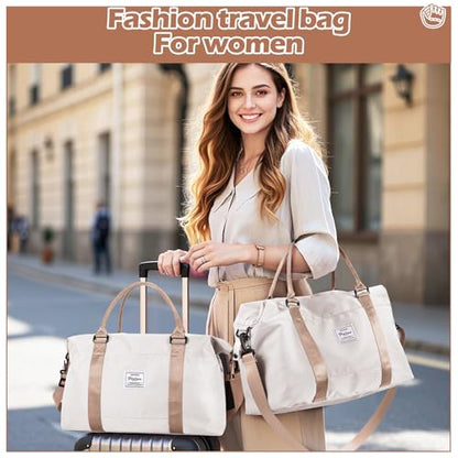 Gym Bag Womens Mens with Wet Pocket, Travel Duffel Bag for Plane, Sport Gym Tote Bags Swimming Yoga, Waterproof Weekend Overnight Carry on Bag Hospital Holdalls，Off White - color: X-Beige