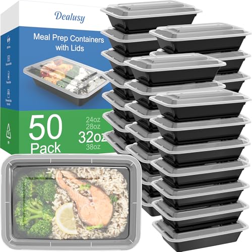 Dealusy 50 Pack (100-Piece) 32 oz Meal Prep Containers Reusable with Lids, Sturdy Leakproof & Food Safe, Microwave, Freezer, Dishwasher Safe Prep Containers, To Go Take Out Plastic Food Storage - size: 32 oz