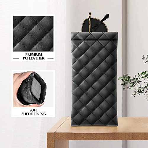 Squeeze Top Sunglass Pouch - Portable Sunglass Organizer Pouch Bags Soft PU Leather Glasses 2 Pack - color: Black-white