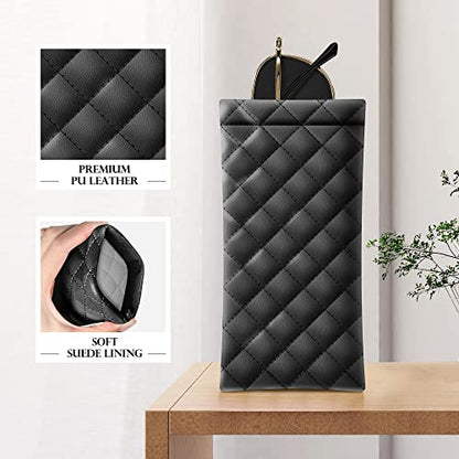 Squeeze Top Sunglass Pouch - Portable Sunglass Organizer Pouch Bags Soft PU Leather Glasses 2 Pack - color: Black-white