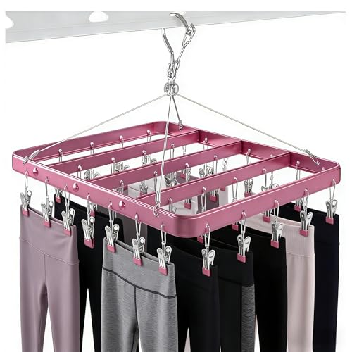 Pants Hangers Clothes Drying Racks Clip Hangers Metal with 36 Clips Windproof Underwear Hanger Foldable Laundry Clip for Jeans Yoga Leggings Trousers Socks Bras (Pink) - color: Pink