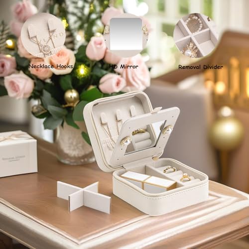 Vlando Small Travel Jewelry Box Organizer - Mirrored Carry-on Jewelries Necklaces Rings Earrings Necklace Storage Case, Beige - color: a. Beige