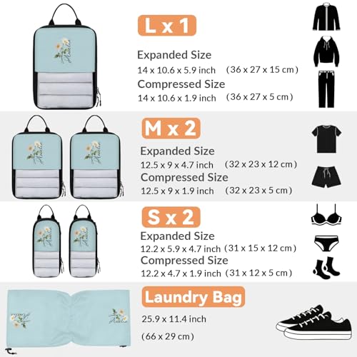 Custom 6 Set Compression Packing Cubes for Travel, Personalized Lightweight Luggage Organizer Bags with Birth Flower, Expandable Large Expandable Packing Organizer, Blue Pinks Purple - color: Light Blue