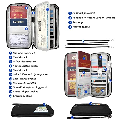 Passport Wallet, RFID Passport Holder with Vaccine Card Slot, for Family and Women & Men, Travel Document Organizer with Removable Wristlet Crossbody Strap (Black) - color: Black