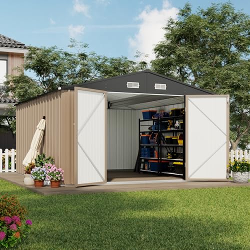 Devoko 10x12 FT Outdoor Storage Shed, Large Metal Storage Sheds with Lockable Door, Utility Garden Tool Shed with Sloping Roof, Outside Steel Storage Sheds for Patio Lawn Backyard, Brown - color: Brown, size: 10x12 FT without Floor Frame