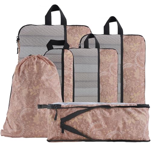 U+U 6 Set Compression Packing Cubes - Ultralight Travel Organizers with Laundry Bag, Space-Saving Suitcase Organizer, Expandable Packing Cubes for Travel and Family Vacation (Paisley Pattern) - color: Paisley Pattern, size: 6 Set