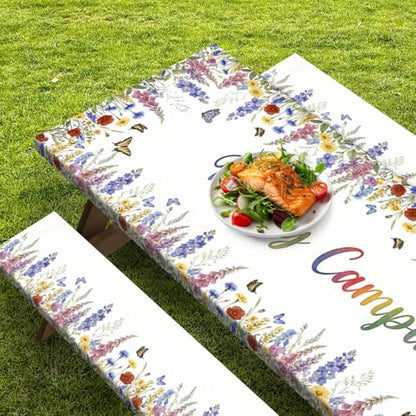 Picnic Table Cover with Bench Covers Elastic Edges, Butterfly Camper Fitted Table Cover, Outdoor Camping Essentials 72 Inch 3PCS, Waterproof Camping Fitted Tablecloth with Drawstring Bag - color: Butterfly, size: 72in