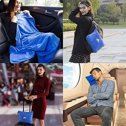 BlueHills Premium Soft Travel Blanket Pillow Airplane Blanket Packed in Soft Bag Pillowcase with Hand Luggage Belt and Backpack Clip, Compact Pack Large Plush for Any Travel (Royal Blue T003) - color: Royal-1pk-t003