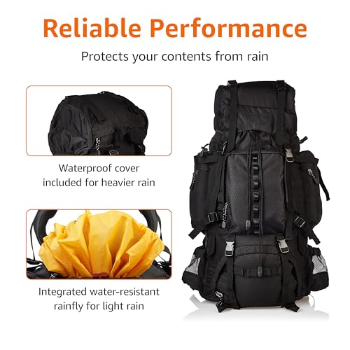 Amazon Basics Internal Frame Hiking Backpack for Camping and Backpacking, Adjustable Straps, Rainfly Included