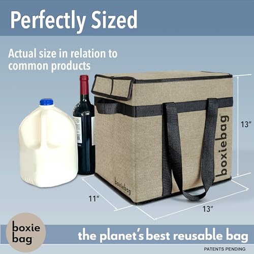 Boxiebag Reusable Grocery Bag (Single) – Durable Reusable Shopping Bag Box. Insulate, Stand Up, Stay Open, Fold Flat – Large Tote Bag with Long Handles & Reinforced Bottom.