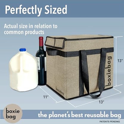 Boxiebag Reusable Grocery Bag (Single) – Durable Reusable Shopping Bag Box. Insulate, Stand Up, Stay Open, Fold Flat – Large Tote Bag with Long Handles & Reinforced Bottom.