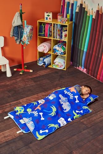 EVERYDAY KIDS Nap Mat with Removable Pillow - Roarin' Dinos - Carry Handle with Straps Closure, Rollup Design, Soft Microfiber for Preschool, Daycare, Travel Sleeping Bag - Ages 3-6 Years - color: Roarin Dinos