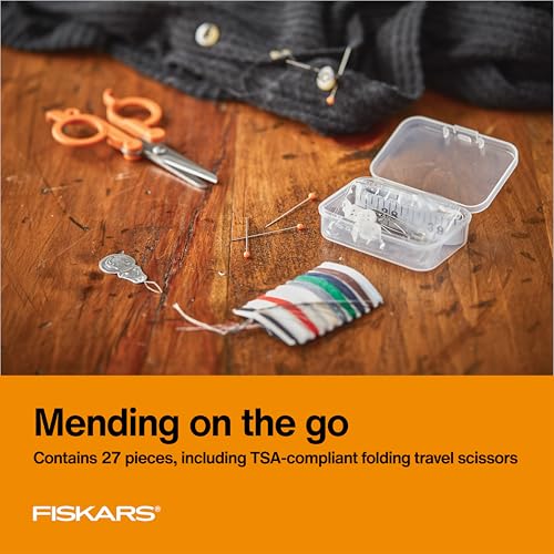 Fiskars Compact Travel Sewing Kit, TSA compliant Folding Scissors, 27-Piece Repair Set for Buttons and Hemming, Threads, Needles, 39” Measuring Tape, Small Size for Purses and Carry on, Orange - size: (Pack of 1)