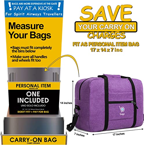 Bago Personal Item Travel Bag For Airlines - Fits As 18x14x8 inches Travel Bag Spirit & Frontier Airlines - Foldable Duffle Bag For Travel - Personal Item Bag Small Carry On Bag For Air Travel - color: SnowDepPurple