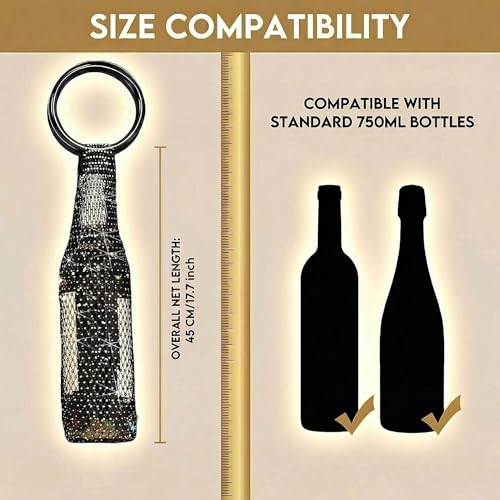 Wine Pouch Mesh Bag, Resin Handle Wine Bag, Sparkly Rhinestone Handwoven Mesh Bags, Party Water Bottle Bags Accessory, Daily Housewarming Party Use (Black) - color: Black